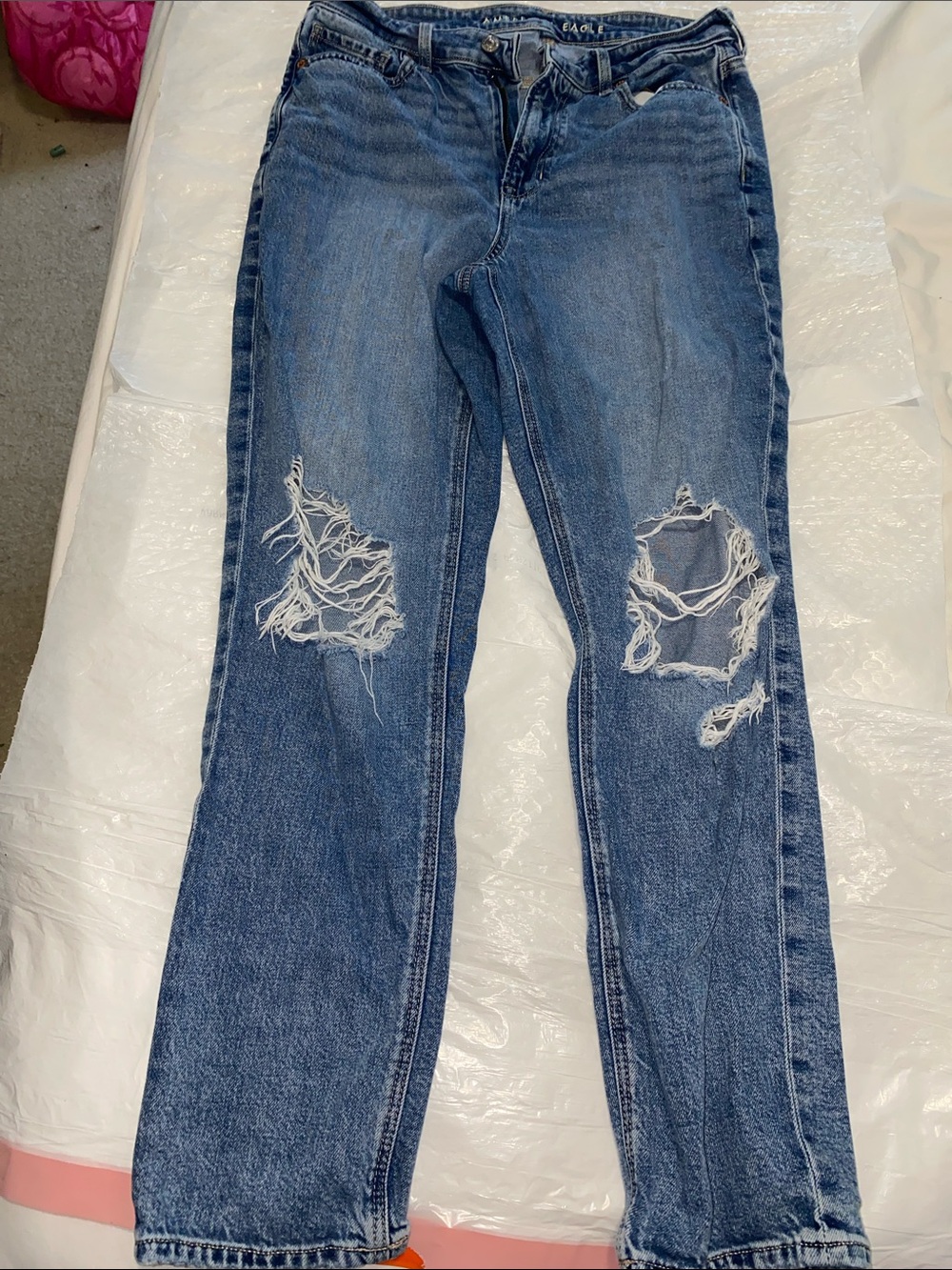American Eagle Outfitters Blue Distressed Straight-Leg Jeans